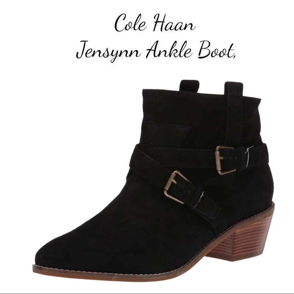 NIB Cole Haan Women's Jensynn Ankle Boot, Black Suede/Antique